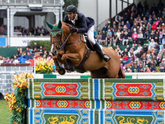 Rowan Willis, riding Blue Movie during the Spruce Meadows Masters, has been controversially overlooked for the Australian equestrian team. Picture: Codie McLachlan/Getty Images