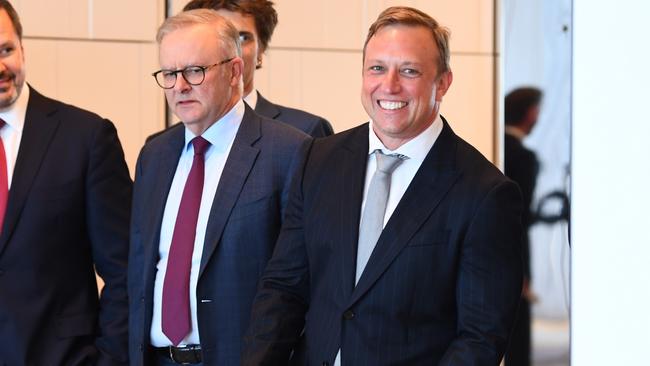 Prime Minister Anthony Albanese and Queensland Premier Steven Miles arrive to a press conference in Brisbane. Picture: Jono Searle