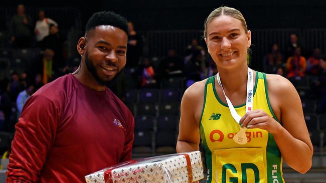 Bruce receives the player of the match award against Zimbabwe. Picture: Ashley Vlotman/Gallo Images/Netball World Cup 2023