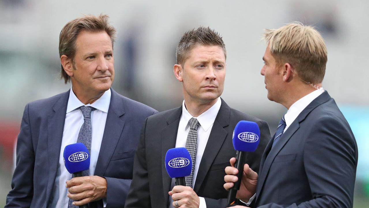 Shane Warne working for Channel 9 with fellow commentators Mark Nicholas and Michael Clarke. Picture: Scott Barbour – CA/Cricket Australia/Getty Images