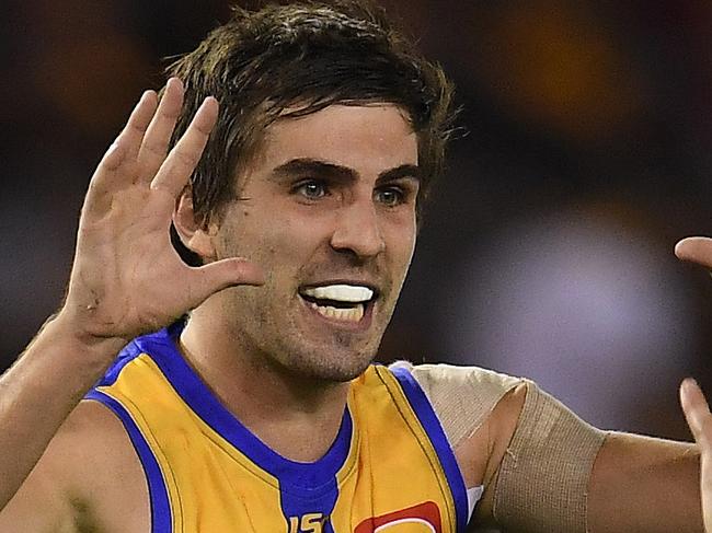 Andrew Gaff of the Eagles (left) reacts after kicking a goal during the Round 10 AFL match between the Hawthorn Hawks and the West Coast Eagles at Etihad Stadium in Melbourne, Sunday, May 27, 2018. (AAP Image/Julian Smith) NO ARCHIVING, EDITORIAL USE ONLY