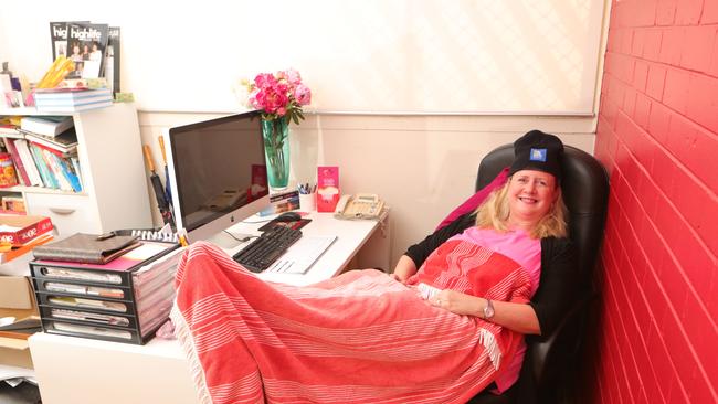 Ambassador Karen Phillips gives camping out in her office a trial run before the big day. Picture: Glenn Hampson