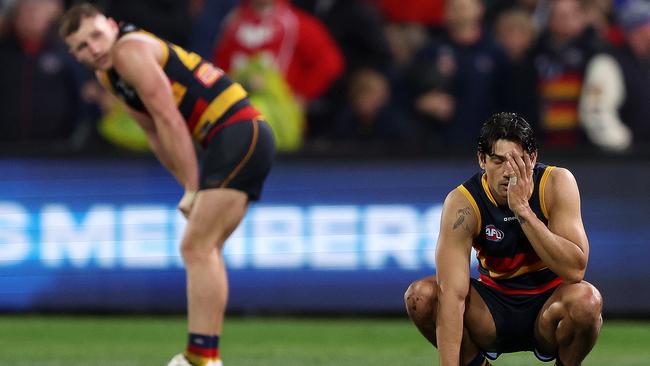 ADELAIDE, AUSTRALIA - AUGUST 19: Shane McAdam of the Crows and Rory Laird of the Crows after the loss during the 2023 AFL Round 23 match between the Adelaide Crows and the Sydney Swans at Adelaide Oval on August 19, 2023 in Adelaide, Australia. (Photo by Sarah Reed/AFL Photos via Getty Images)