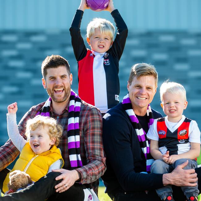 Former Saints champion Nick Riewoldt with his two young sons, as well as Nick's brother Alex with his son George ahead of the Maddie Riewoldt's Vision match between St Kilda and Richmond, in 2019. Picture: Jay Town