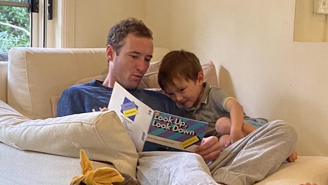 Jockey Ryan Plumb at home with children Olivia, 7, and Chase, 6. Picture: Supplied.