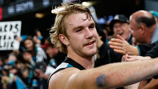 MELBOURNE, AUSTRALIA - APRIL 28: Jason Horne-Francis of the Power celebrates with fans during the 2023 AFL Round 07 match between the St Kilda Saints and the Port Adelaide Power at Marvel Stadium on April 28, 2023 in Melbourne, Australia. (Photo by Dylan Burns/AFL Photos via Getty Images)
