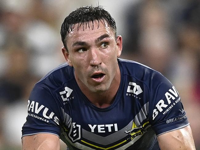 TOWNSVILLE, AUSTRALIA - SEPTEMBER 14:  Reece Robson of the Cowboys passes the ball during the NRL Qualifying Final match between North Queensland Cowboys and Newcastle Knights at Queensland Country Bank Stadium on September 14, 2024 in Townsville, Australia. (Photo by Ian Hitchcock/Getty Images)