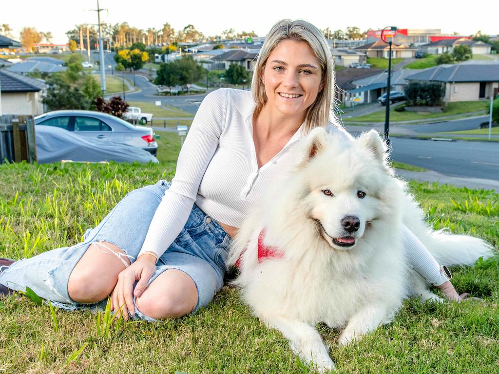 Bridget Carkeet with Frankie the Samoyed outside her Ipswich home. Picture: Richard Walker