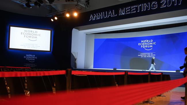 Workers make last minute preparations inside the Congress Center ahead of the 47th Annual Meeting of the World Economic Forum in Davos, Switzerland. Picture: Laurent Gillieron/Keystone via AP)