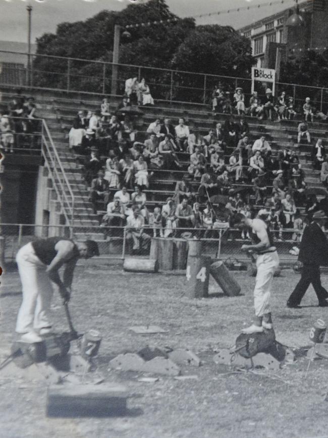 Wood chopping at the Royal Easter Show, Moore Park, during the 1950s. Picture: Supplied by Judy Robertson-Taylor