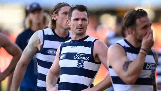 GOLD COAST, AUSTRALIA - APRIL 02: Patrick Dangerfield of the Cats looks dejected after the round 03 AFL match between the Gold Coast Suns and the Geelong Cats at Heritage Bank Stadium, on April 02, 2023, in Gold Coast, Australia. (Photo by Matt Roberts/AFL Photos/Getty Images)