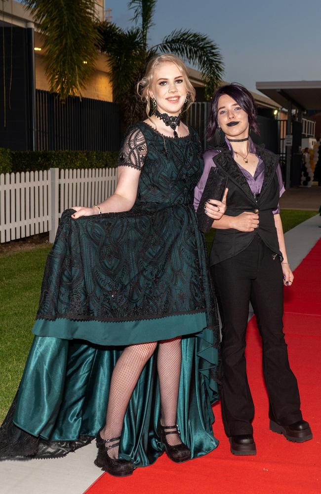 Hannah Strachan and Holly Edwards at Mackay State High School formal 2022.Picture: Michaela Harlow