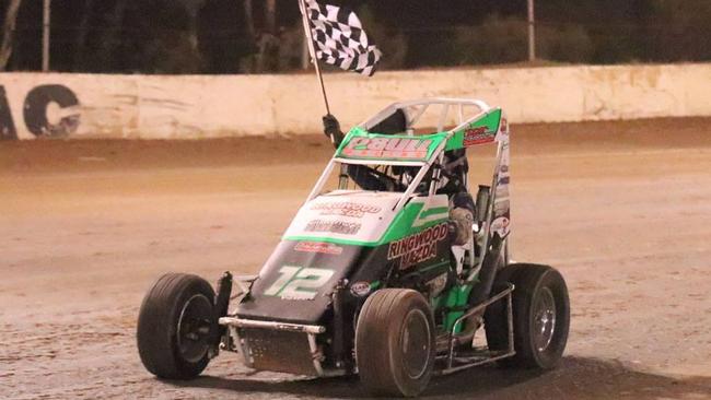 Checkered flag for  Kilsyth national champion Justin Paull.   Picture: Random Panda Photography