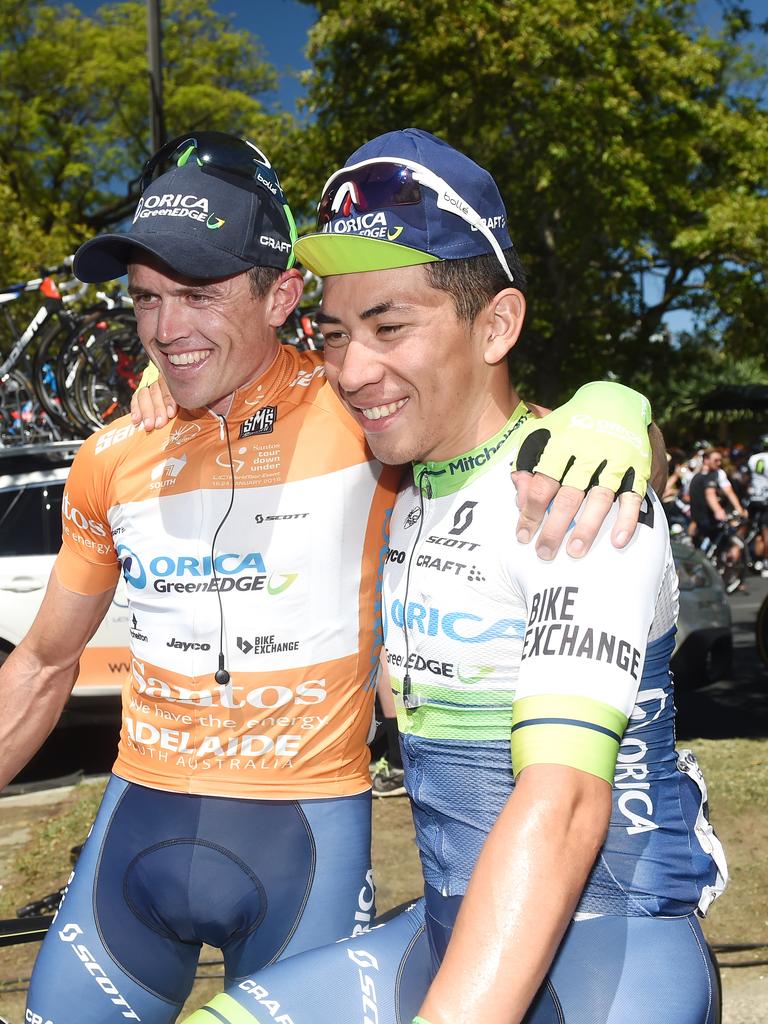 Gerrans and Caleb Ewan hug. Photo: Tom Huntley.