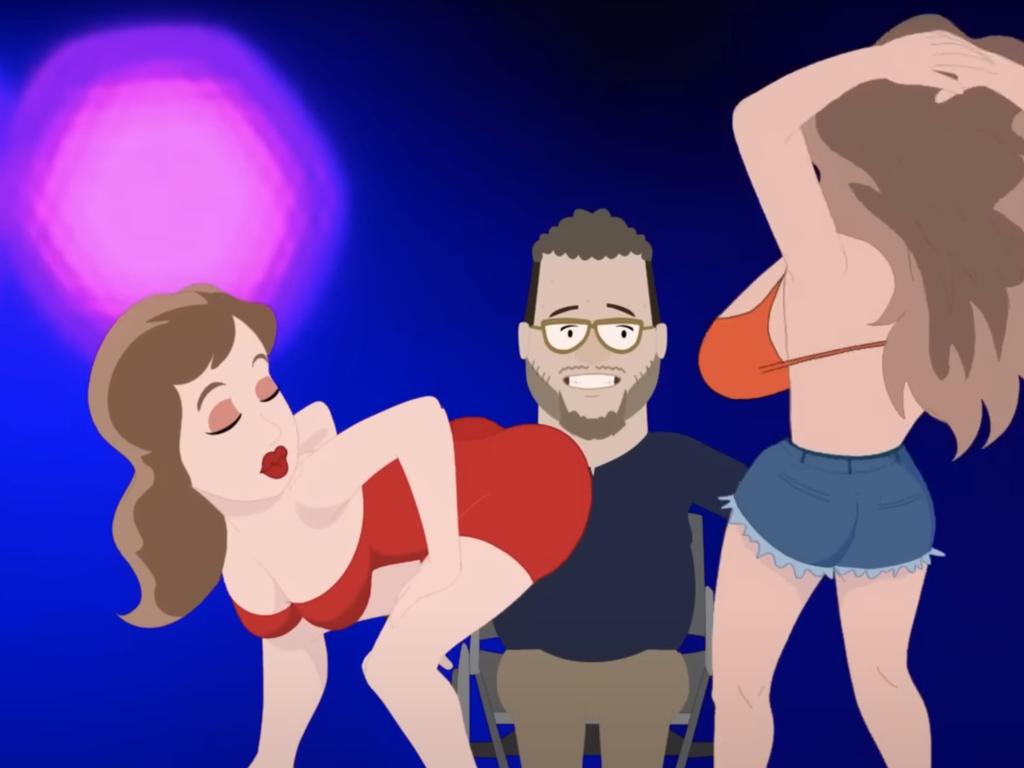 It also featured a caricature of Greens senator Jordon Alexander Steele-John surrounded by sex workers. Photo: YouTube