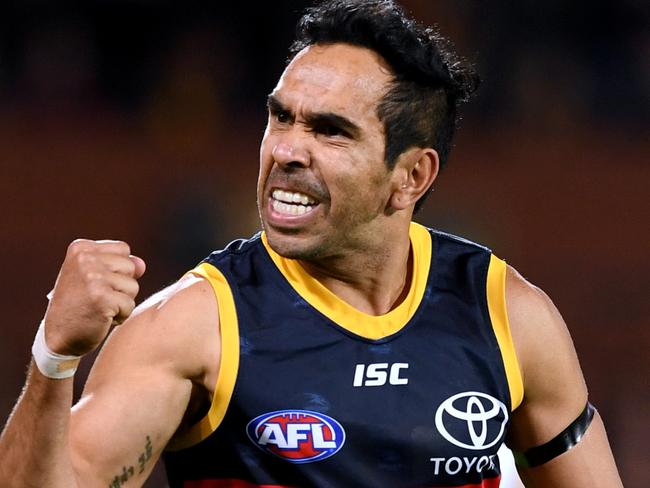 ADELAIDE, AUSTRALIA - AUGUST 03: Eddie Betts of the Adelaide Crows celebrates a goal during the round 20 AFL match between the Adelaide Crows and the St Kilda Saints at Adelaide Oval on August 03, 2019 in Adelaide, Australia. (Photo by Mark Brake/Getty Images)