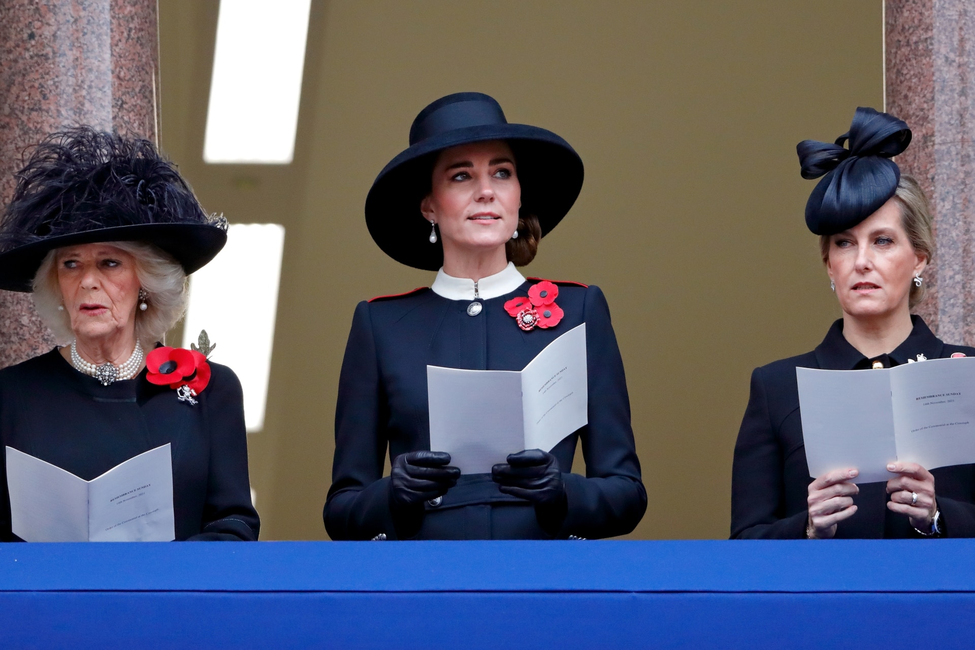 <h3>November 14, 2021</h3><p>Camilla, Queen Consort, Catherine, Princess of Wales and Sophie, Countess of Wessex attend the annual Remembrance Sunday service at The Cenotaph in London, England.</p>