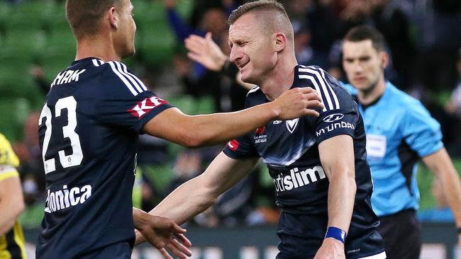 A League : Melbourne Victory vs Central Coast, 14th April, Melbourne Australia. Melbourne Victory's Besart Berisha celebrates his goal in the second half, with Melbourne Victory's Jai Ingham, giving him 100 A-League goals. Picture : George Salpigtidis