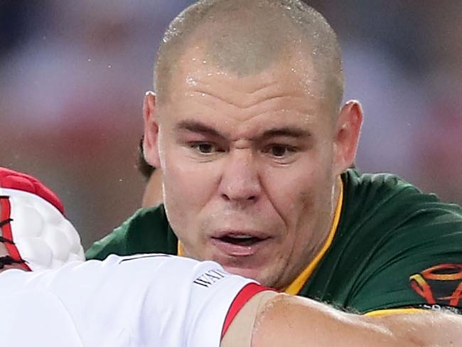 BRISBANE, AUSTRALIA - DECEMBER 02:  David Klemmer of the Kangaroos is tackled during the 2017 Rugby League World Cup Final between the Australian Kangaroos and England at Suncorp Stadium on December 2, 2017 in Brisbane, Australia.  (Photo by Matt King/Getty Images)