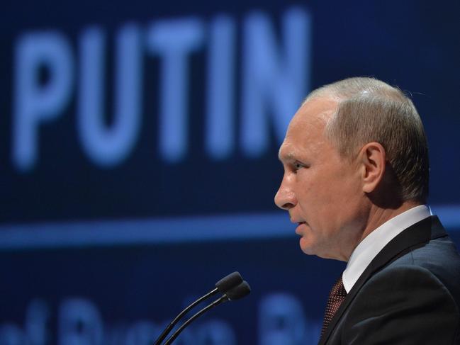 Russian President Vladimir Putin delivers a speech at the World Energy Congress, in Istanbul, Monday, Oct. 10, 2016. Putin is set to meet Turkey's President Recep Tayyip Erdogan, as the two push ahead with steps toward normalizing ties that were strained by Turkey's downing of a Russian warplane near the border with Syria last year. (Alexei Druzhinin/ Sputnik, Kremlin Pool Photo via AP)