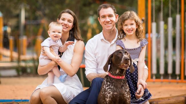 Sam Crosby is the Labor candidate for Reid. Pictured with Rose Jackson, Oscar Jackson-Crosby, 1, Charlotte Jackson-Crosby, 7, and dog Fala.