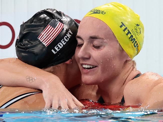 NCA. PARIS FRANCE 2024 OLYMPIC GAMES. August 3- Day 8Americas Katie Ledecky is congratulated by Ariarne Titmus after winning the Final of the Womens 4800m Freestyle at the Paris La Defense Arena  Picture: Adam Head