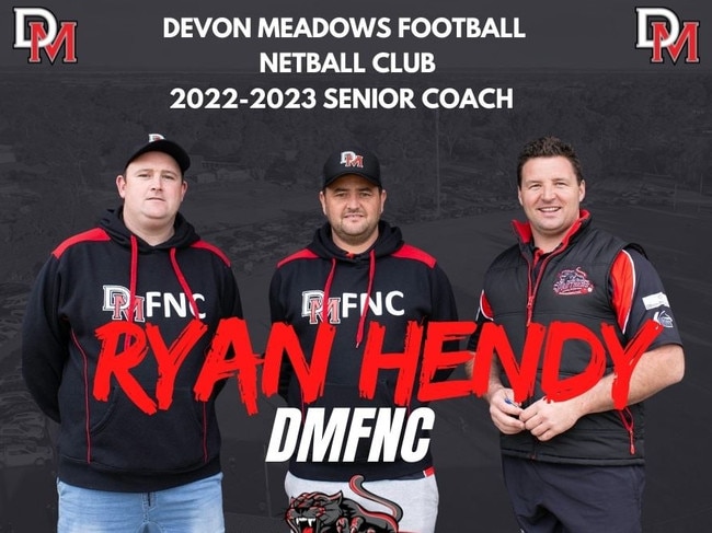 Ryan Hendy (middle) has been appointed coach of Devon Meadows for seasons 2022-23. Picture: Facebook