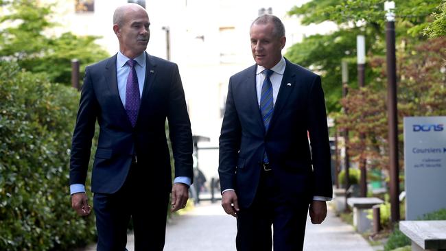 Former Defence SA Chief Executive Andy Keough and the-then Premier Jay Weatherill visit the DCNS headquarters in Paris in 2016, days after the French company was chosen as the builder for 12 submarines in Adelaide. Picture Calum Robertson