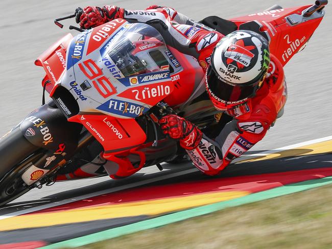 Ducati rider Jorge Lorenzo from Spain attends a training session on the Sachsenring in Hohenstein-Ernsttal, Germany, Friday, July 13, 2018, two days before the MotoGP race there. (Jan Woitas/dpa via AP)