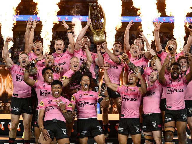 SYDNEY, AUSTRALIA - OCTOBER 06: Isaah Yeo and Nathan Cleary of the Panthers hold aloft the Provan-Summons Trophy after winning the 2024 NRL Grand Final match between the Melbourne Storm and the Penrith Panthers at Accor Stadium on October 06, 2024, in Sydney, Australia. (Photo by Quinn Rooney/Getty Images) *** BESTPIX ***