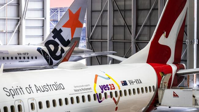 Qantas unveiled its new livery on three aircraft, in support of the Voice to Parliament referendum. Picture: Qantas