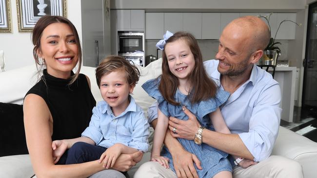 Nick Russian with his wife, Rozalia and their daughter Willow, 6, and son Kingston, 3. Picture: Alex Coppel