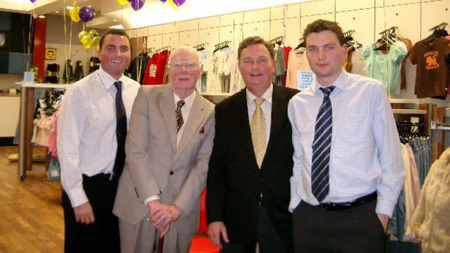 Three generations of Trim family – Justin, Alf, Russell and Matthew Trim – at the opening of the Tea Tree Plaza in 2002. Picture: Supplied