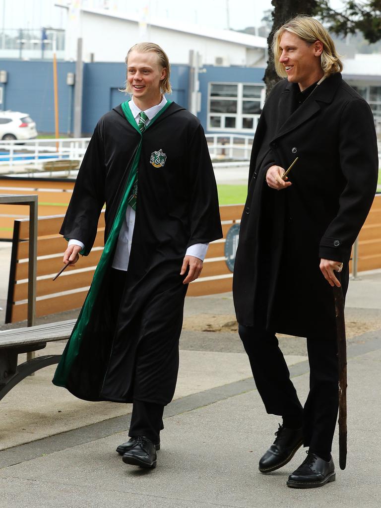 Zac Guthrie and Mark Blicavs arriving for the Cats Mad Monday. Picture: Alison Wynd