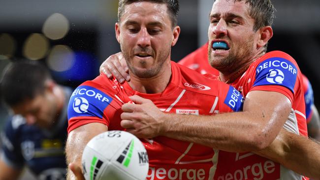 Former Broncos duo Ben Hunt and Andrew McCullough celebrate a try. Picture: Evan Morgan