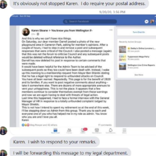 Parts of a Facebook messenger conversation former Dubbo mayor Ben Shields had with a woman who wouldn't let him become a member of a Facebook group.