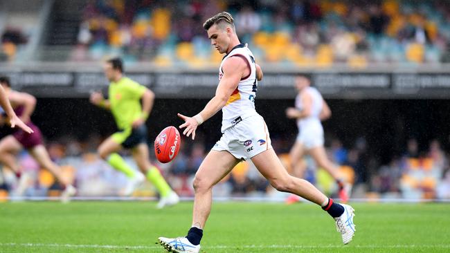 Adelaide’s Ben Keays gets his kick away during the Crows’ loss to Brisbane at the Gabba. Picture: Bradley Kanaris/Getty Images