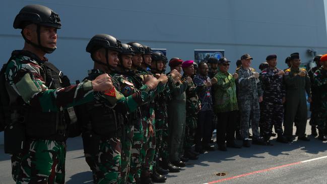 Indonesian National Armed Forces members aboard the HMAS Adelaide ahead of Exercise Keris Woomera, the first bilateral amphibious activity exercise with the Australian Defence Force. Picture: Zizi Averill