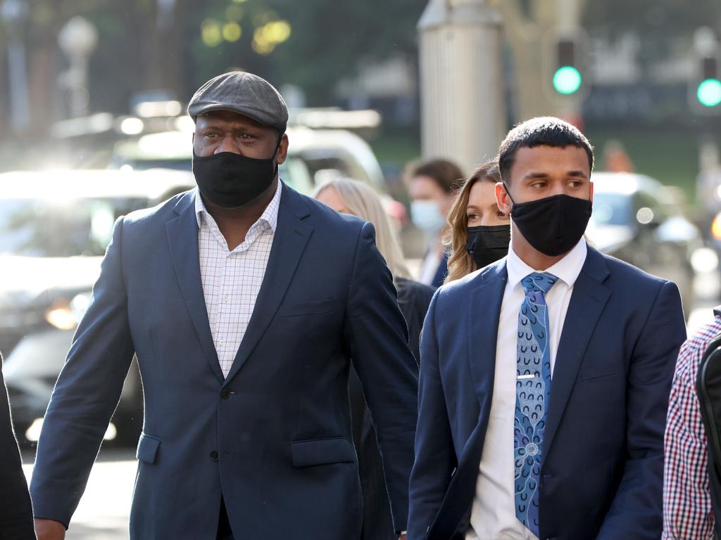 Former St George Illawarra Dragons player Tristan Sailor (right) arriving at court with his father Wendell Sailor, the ex-Wallaby and Kangaroos player. Picture: NCA NewsWire / Damian Shaw