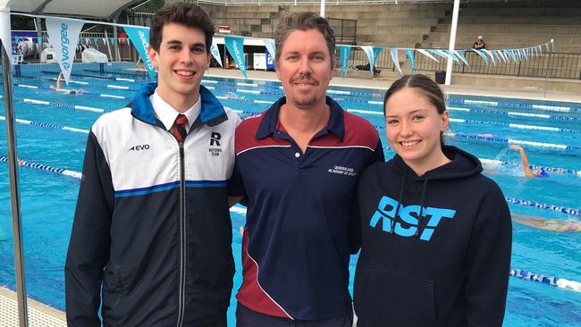 Thomas Neill and Bronte Job flank their coach Damien Jones at Rackley Centenary.