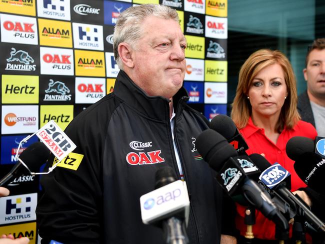 Penrith Panthers general manager Phil Gould speaks to the media during a press conference in Sydney, Tuesday, August 7, 2018. Gould said Penrith have received a dozen job applications, including some from rival NRL head coaches, since their decision to sack Anthony Griffin. (AAP Image/Joel Carrett) NO ARCHIVING