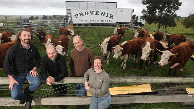 Provenir co-founders cattle farmer Chris Balazs, chef Christopher Howe, vet Phil Larwill and rural marketing expert Jayne Newgreen with Chris’s cattle and the mobile abattoir unit. Picture: Yuri Kouzmin