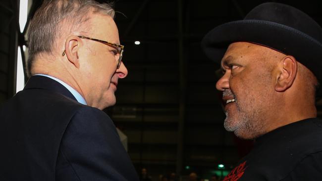 SYDNEY, AUSTRALIA  - AUGUST 14 2023:  Prime Minister, Anthony Albanese and Qantas CEO Alan Joyce greet Noel Pearson attend the launch of the Qantas 'Yes' Campaign where The Prime Minister will deliver a speech. Picture: NCA Newswire / Gaye Gerard