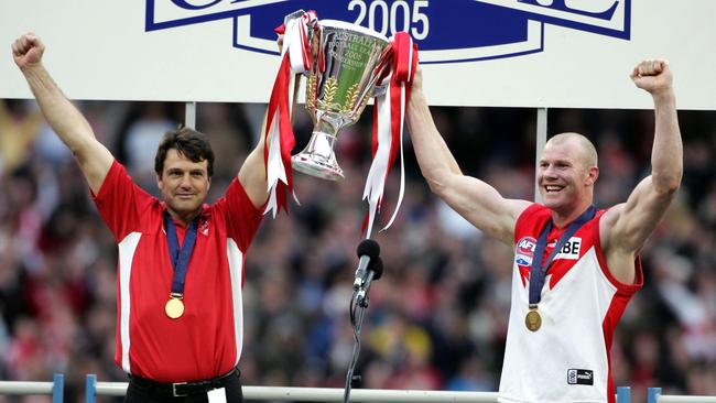 Coach Paul Roos and captain Barry Hall with Premiership Trophy, following Sydney Swans v West Coast Eagles AFL grand final at the MCG in Melbourne.