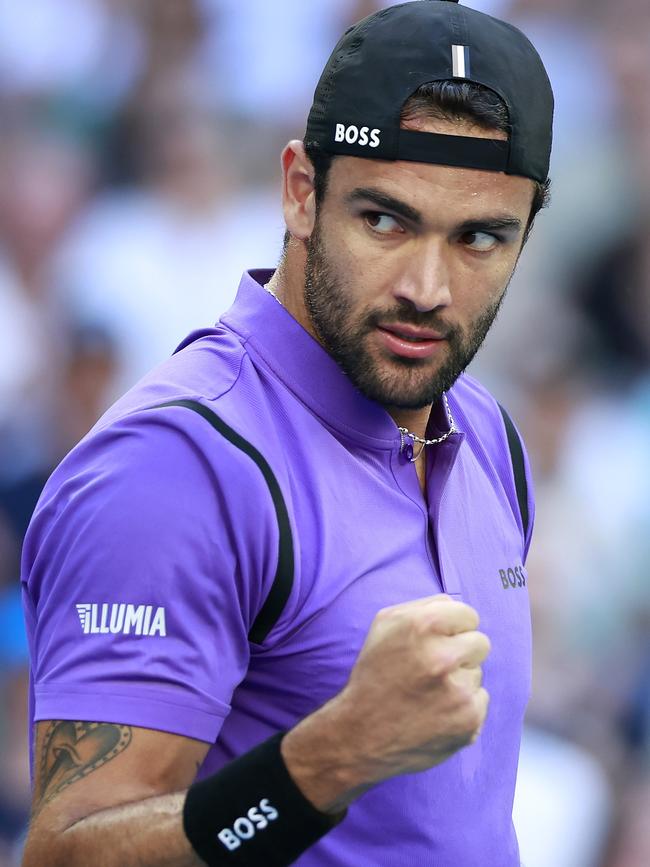 Berrettini’s tattoos can be seen on his arm. Picture: Darrian Traynor/Getty Images