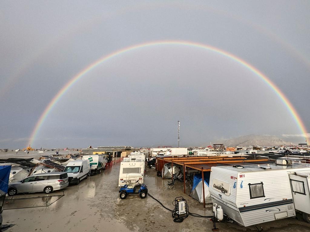 Caravans, motorhomes and cars remain stranded at the site. Picture: AFP