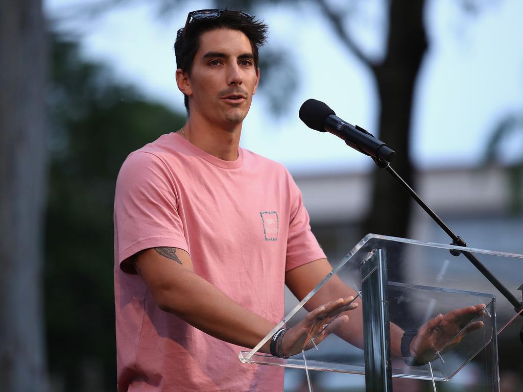 Nathaniel Clarke, brother to Hannah Clarke, speaks at a vigil to remember her. Picture: Jono Searle/Getty Images