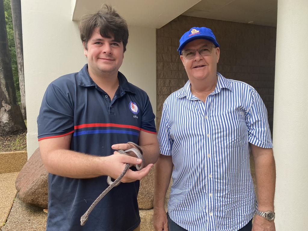 Katherine High School teacher Thomas Hennessey and Oenpelli python researcher Dr Gavin Bedford. Picture: Sierra Haigh