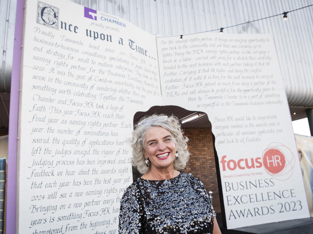 Jo Capp with the giant story book welcoming guests to the Focus HR Business Excellence Awards 2023 hosted by Toowoomba Chamber at Rumours International, Saturday, October 21, 2023. Picture: Kevin Farmer