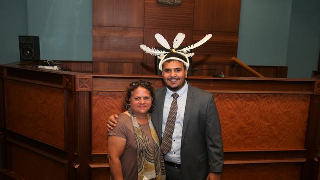 Joel Murgha with mother Elverina Johnson following at the Cairns Court House following the ceremony. Picture: Peter Carruthers